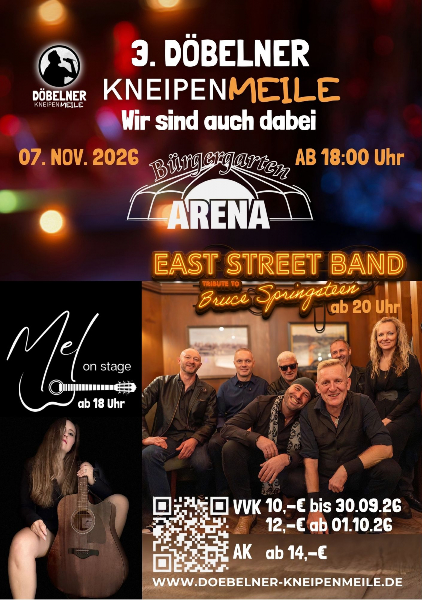 Am Samstag, den 07.November 2026 wird Döbeln wieder zur großen Partymeile! Auch wir der Bürgergarten Döbeln sind wieder mit dabei und freut sich auf einen Abend voller Musik, guter Stimmung, leckerem Essen und kühlen Getränken.